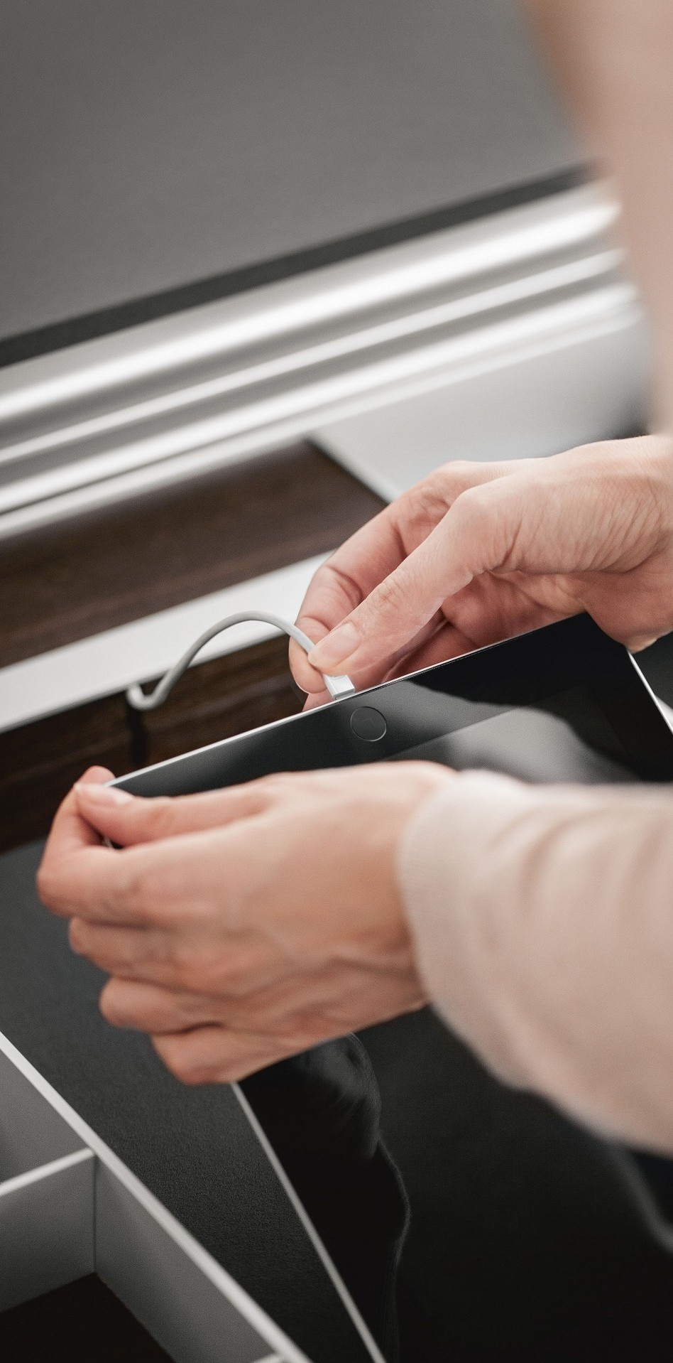 USB charging station from the SieMatic Aluminum Interior Accessories, for loading up iPads and iPhones inside kitchen drawers