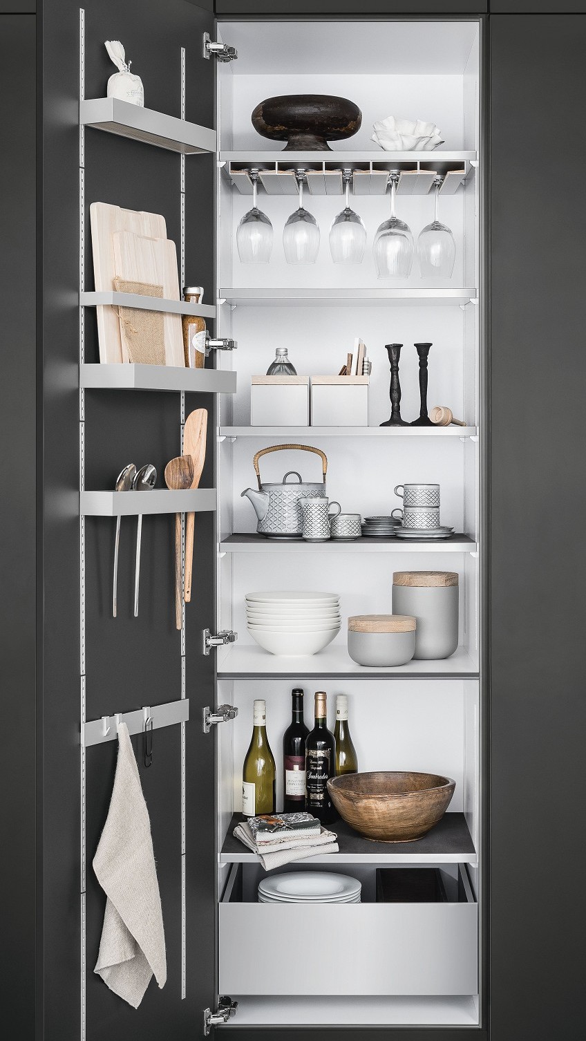 SieMatic MultiMatic interior organization system for cabinets offers up to 30% more storage space in the kitchen