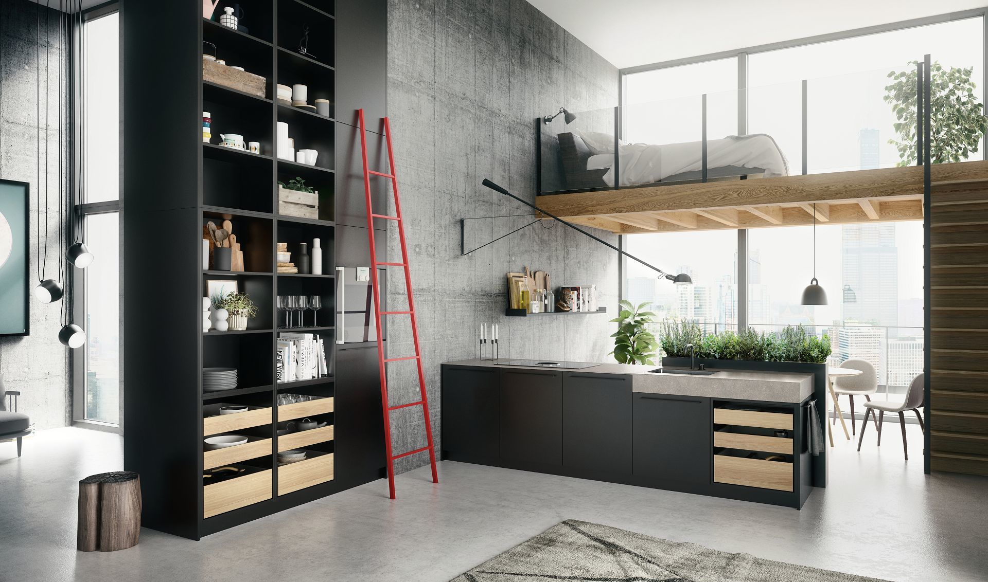 SieMatic Urban SE in graphite grey with ceiling-high shelves, kitchen island and herb garden